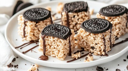 Rice Krispies Treats with crushed cookies mixed in, isolated on a white porcelain plate, garnished with crushed cookie pieces and chocolate drizzle