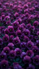 Velvety deep purple pansies creating rich floral background