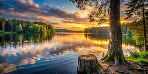Scenic lake at sunset with tree trunk in foreground