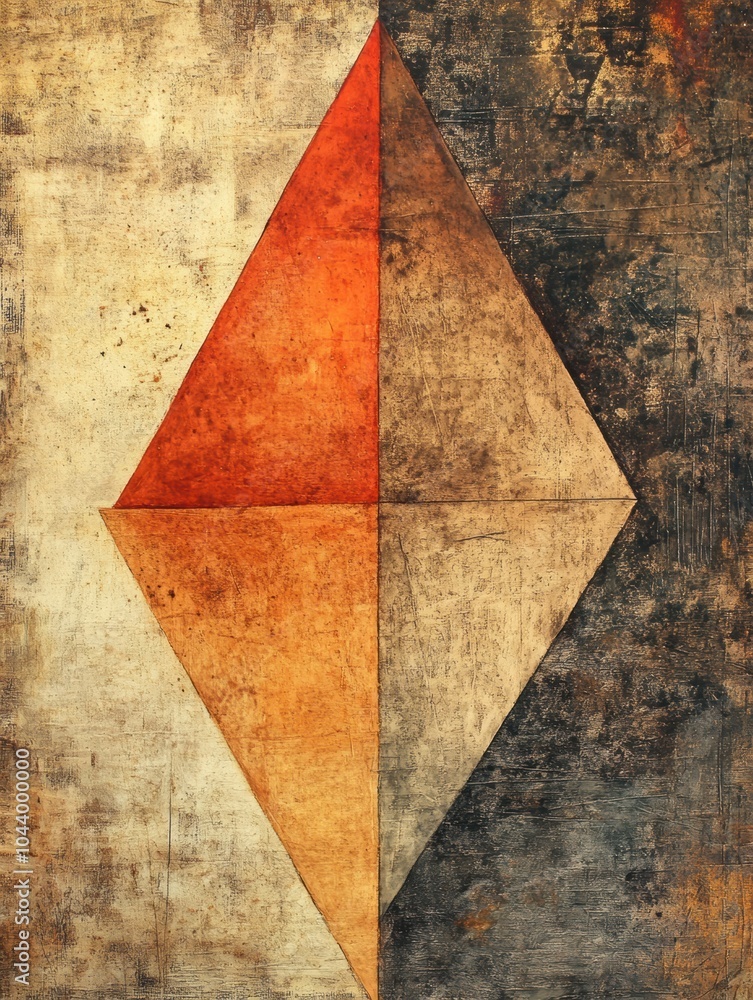Poster The artwork features an arrangement of asymmetrical triangular shapes in warm tones on a richly textured background, creating depth and interest. Generative AI