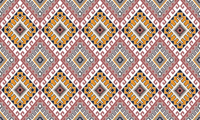 A vibrant and intricate geometric pattern. The design features a repeating grid of squares and diamonds, filled with various colors including red, yellow, blue, and gray.