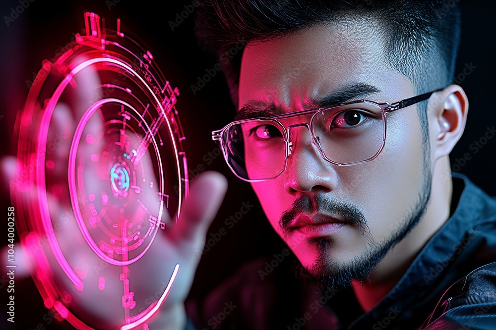 Poster Cyberpunk scientist collecting empirical data in a neon-lit city, with advanced tech and holographic screens displaying results