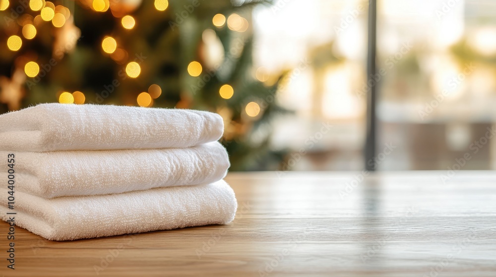 Poster three neatly stacked white towels rest on a wooden table, framed by a warm and inviting bokeh light 