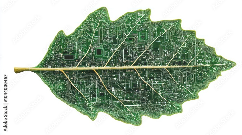 Poster a leaf designed with a circuit board pattern, merging nature and technology.