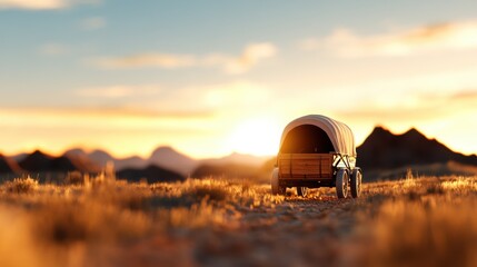 A picturesque image showcasing a covered wagon traveling across open plains as the sun sets behind mountains, capturing the essence of historical exploration and adventure.