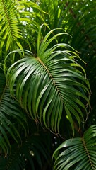 Vibrant tropical palm leaves creating a lush canopy in soft sunlight