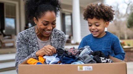 A joyful mother and her young son happily sort through a box of colorful clothes on a porch, enjoying time together in a cozy, relaxed environment.