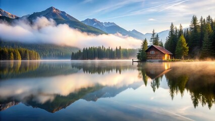 Fototapeta premium Scenic lake with mountain reflection and cabin in misty morning