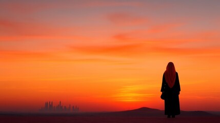 Fototapeta premium A serene scene of a woman dressed in a flowing outfit stands on a desert dune, her gaze fixed on a city skyline under a vibrant sunset in the background.