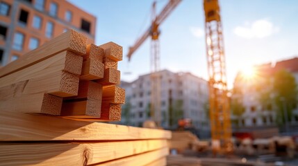 Piles of lumber are stacked at a construction site, bathed in golden sunlight, illustrating the key elements for building urban structures in a growing city.