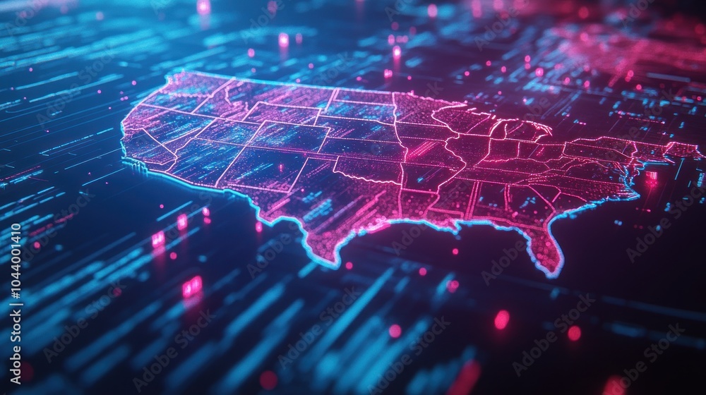 Poster a digital representation of the united states with neon effects and data flow elements.