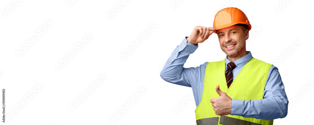 Poster happy builder man in uniform gesturing thumbs up approving building posing standing on white backgro