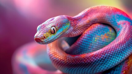 Fototapeta premium Pink blue snake close up view