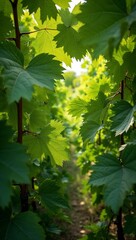 Fototapeta premium Lush grapevine leaves in deep green textured with light filtering through
