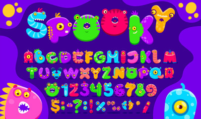 Cartoon monster font, funny scarecrow type, bugaboo typeface, bogle alphabet vector typography. Cute letters and numbers font with Halloween alien, fantasy dragon animal and germ monster characters © Vector Tradition