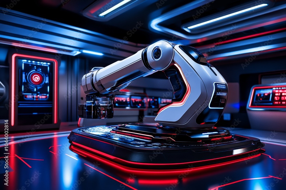 Poster futuristic industrial factory with advanced robotic machinery, with sleek designs and glowing lights