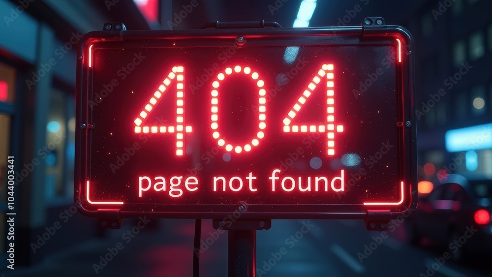 Poster sign with glowing neon text in center “404” and text 