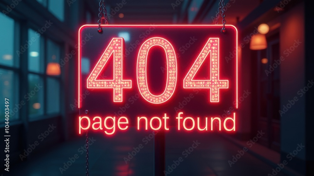 Poster sign with glowing neon text in center “404” and text 