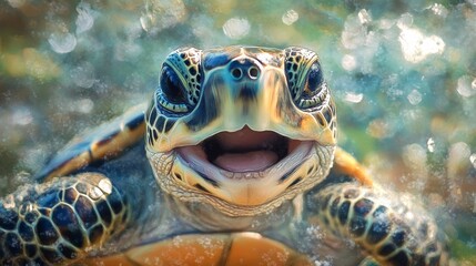 A baby turtle is smiling and looking at the camera. The image has a playful and lighthearted mood, as the turtle appears to be happy and content
