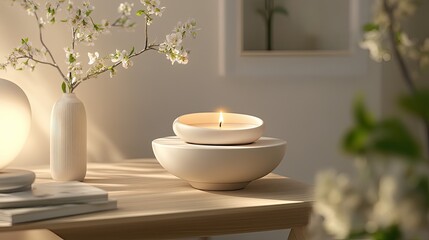 Luxury scented candle in a refined ceramic holder, surrounded by soft lighting and flowers, capturing elegance and tranquility.