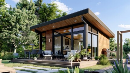 Fototapeta premium A small black house with a patio and a garden