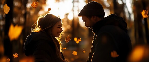 Obraz premium A couple in love share a tender moment during a romantic autumn walk in a forest.
