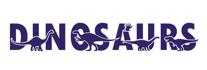 Prehistoric dinosaur characters silhouettes of dino animals and bird. Vector banner with tyrannosaurus rex and pelorosaurus, kotasaurus, aralosaurus and argentavis blue silhouettes, dinosaur lettering © Vector Tradition