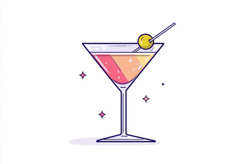 Martini glass with olive, minimalist cocktail art on white background