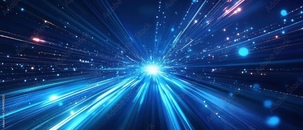 Poster a dynamic burst of blue light and particles, representing energy or movement in a digital space.