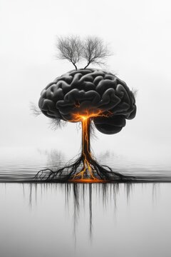 abstract glowing brain surrounded by soft lighting and smooth flowing lines, representing strength, cleanliness, and confidence. The concept of human brain development, medicine, artificial
