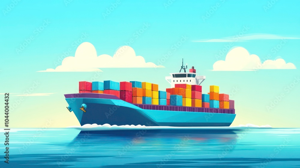 Poster a large cargo ship with colorful containers sails on a calm sea under a blue sky.