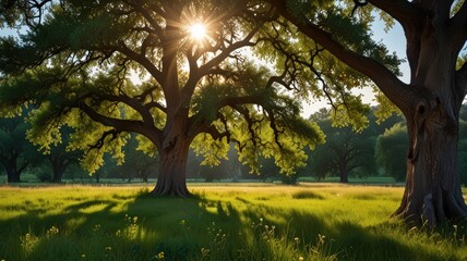Obraz premium Sunlight streams through the branches of two large oak trees in a grassy meadow.