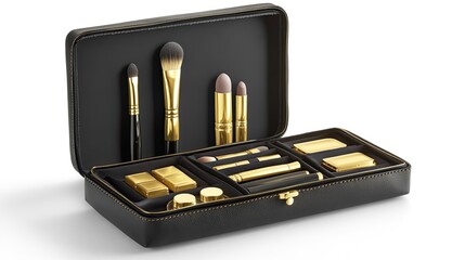 Modern, leather cosmetic bag with gold accents, neatly packed with makeup essentials for on-the-go touch-ups.