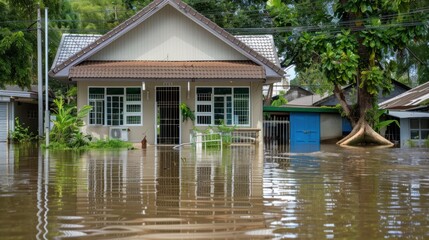 Obraz premium A house is surrounded by water and has a lot of damage