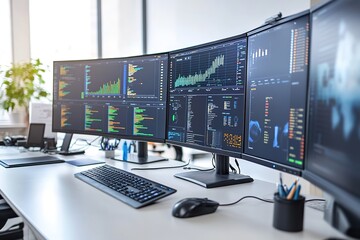Modern trading desk with multiple screens displaying data.