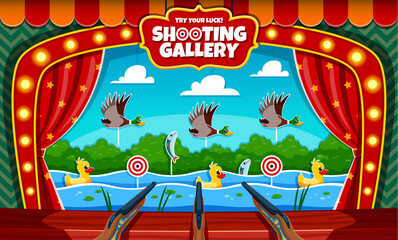 Hunting ducks, carnival shoot game, shooting range or gallery booth with targets and guns. Vector amusement park, carnival or funfair shoot game with cartoon ducks in frame of circus arena, curtains © Vector Tradition