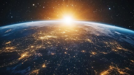 Obraz premium A stunning view of Earth from space during sunrise, highlighting city lights and geography.