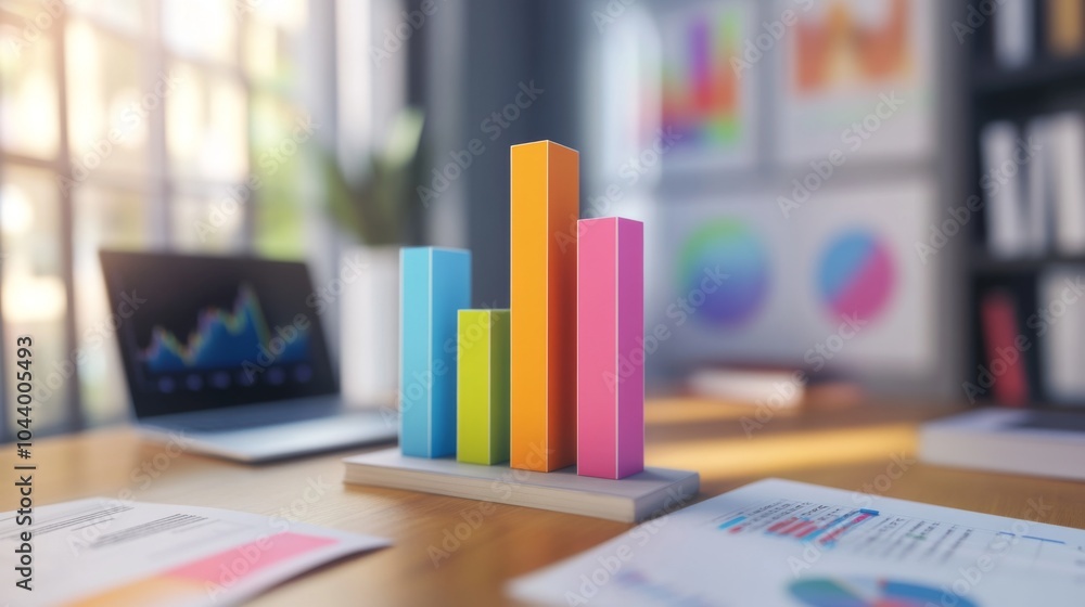 Poster colorful bar graph on a desk with laptop and papers