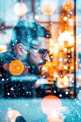Fototapeta premium Portrait of a man in glasses enjoying a snowy evening with glowing bokeh lights around him 