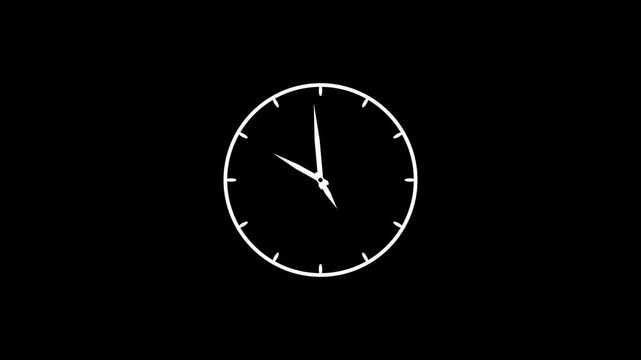 White clock icon with moving arrows in 12 hour loop. Stopwatch animation on black background