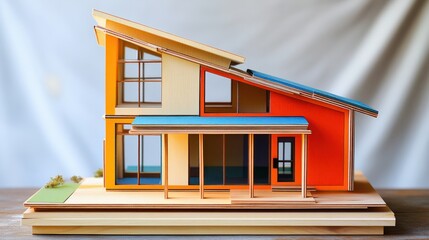 A vibrant, handcrafted wooden house model showcases energy efficiency principles, emphasizing creativity in sustainable design.