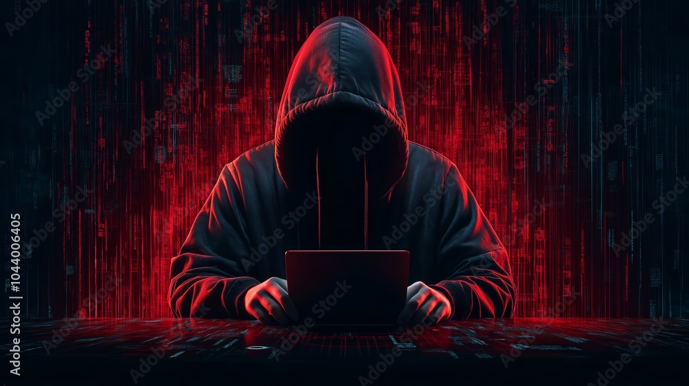 Aufkleber hooded hacker working at a computer, symbolizing cyber threats, digital crime, and the anonymity of 