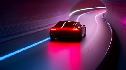 Naklejka premium A sleek car driving through a modern tunnel illuminated by vibrant neon lights at night