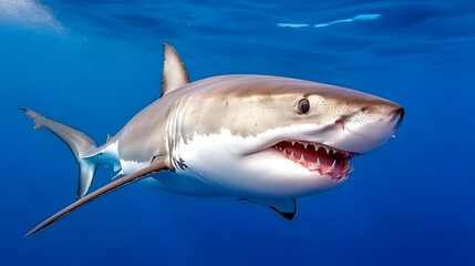Fototapeta premium Great white shark swimming in clear blue waters, showcasing its powerful body and sharp teeth during a sunny day