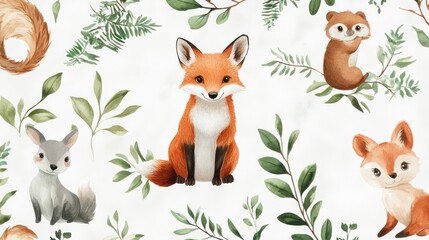 animals in the forest, Delight in the charm of the jungle with an endearing seamless repeating pattern tile featuring adorable jungle animals frolicking against a soft white watercolor background