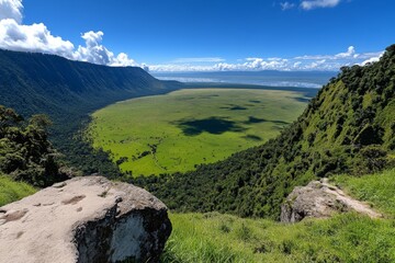 Ngorongoro Crater in Tanzania, with its lush green floor and abundant wildlife, viewed from the rim of the crater