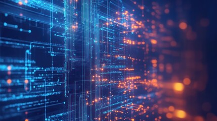 Abstract digital network with glowing lines and particles representing data flow.