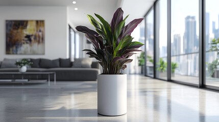 Fototapeta premium Modern living space with a large indoor plant in a sleek white pot, oncept indoor planten, floral shops