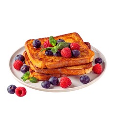 French toast crowned with vibrant strawberries, plump blackberries. French gourmet breakfast menu item.