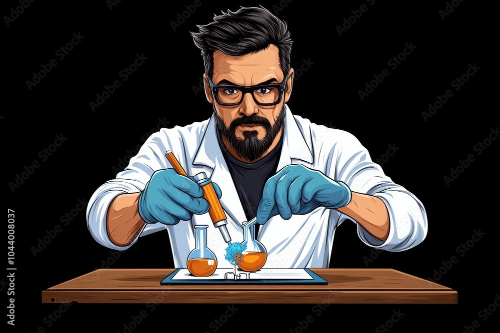 Aufkleber Pixel art of a scientist conducting an experiment, with pixelated scientific tools and a notepad displaying data, symbolizing empirical study
